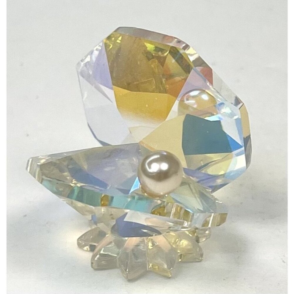 VTG 1.25" Iridescent Faceted Glass Crystal OYSTER FIGURINE w/ Pearl EUC